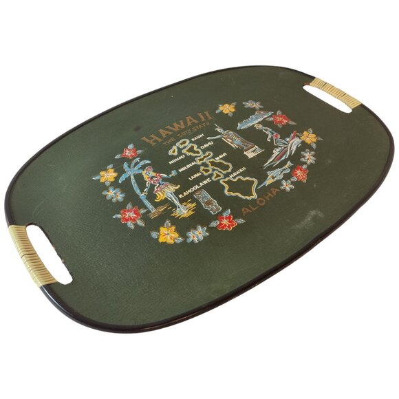 Hawaii 50th State Vintage Serving Tray Aloha D Large Green Tilso Fiberglass - Picture 7 of 10